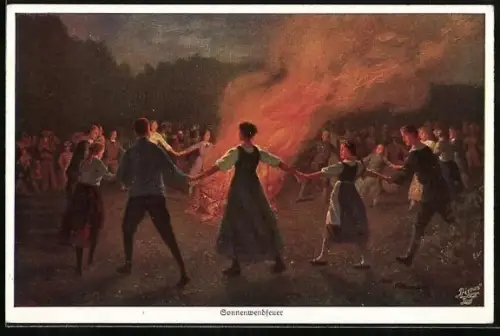 Künstler-AK Robert Kämmerer: Sonnenwendfeuer, Volksfest
