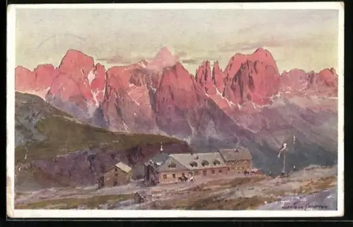 Künstler-AK Edward Harrison Compton: Schlernhaus /Dolomiten, Berghütte des D. u. Oe. A. V. gegen den Rosengarten