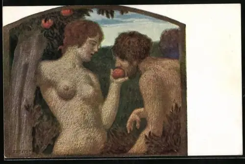 Künstler-AK Ludwig von Zumbusch: Der Apfel, Nackte Frau und Mann