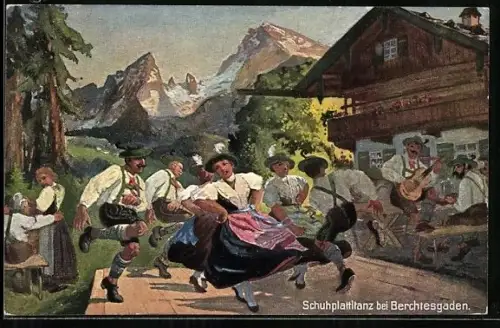 AK Berchtesgaden, Schuhplattlertanz vor Bergkulissse