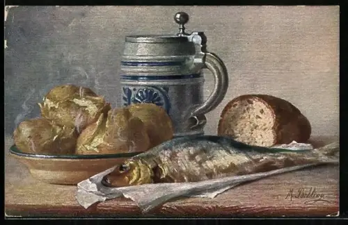 Künstler-AK M. Billing: Fisch, Bier, Brot und Kartoffeln