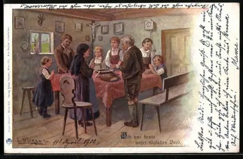 Künstler-AK E. Döcker: Gib uns heute unser tägliches Brod, Familie betet
