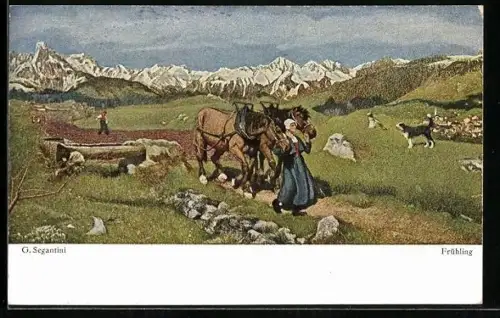 Künstler-AK Giovanni Segantini: Frau mit zwei Pferden im Frühling