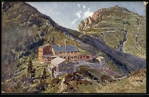 Künstler-AK Edward Harrison Compton: Herzogstand-Unterkunftshaus, Berghütte mit Umgebung