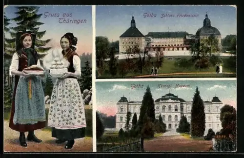 AK Gotha, Schloss Friedenstein, Museum und Trachtenbild mit Klössen