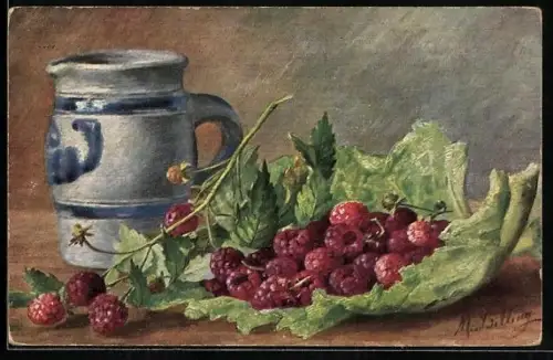 Künstler-AK M.Billing: Stilleben mit Himbeeren und Krug
