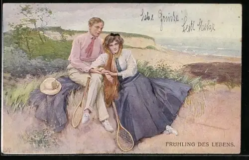 Künstler-AK Frühling des Lebens, Frau und Mann am Strand mit Tennis-Schlägern