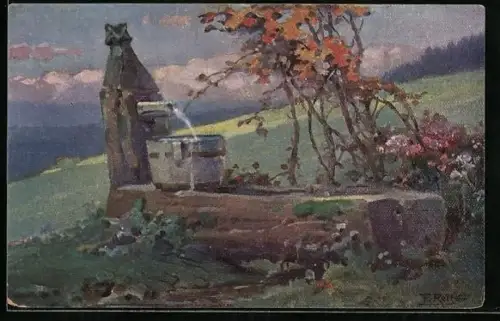 Künstler-AK Fritz Reiss: Schwarzwald-Quelle mit Behälter