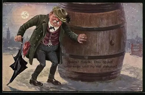 AK betrunkener Mann mit Schirm an einem riesigem Bierfass in der Morgenstund