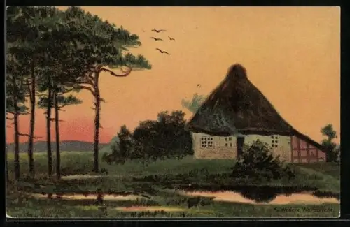 Künstler-AK S.Wencke: Haus am Bach bei Sonnenuntergang