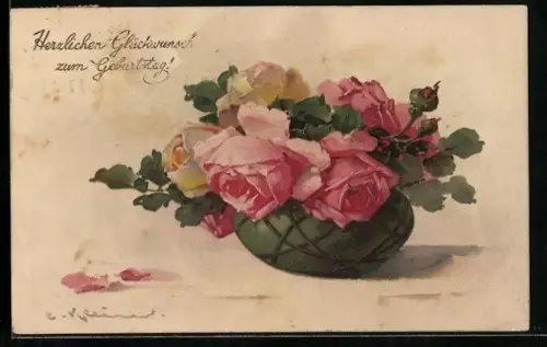 Künstler-AK Catharina Klein: Rosenstrauss in grüner Vase mit rosa und gelben Blüten