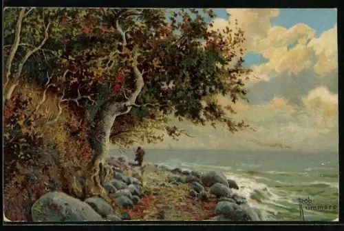 Künstler-AK Robert Kämmerer: Wanderer an einem felsigen Strand