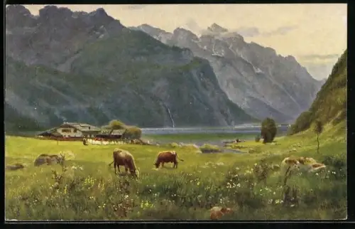 Künstler-AK Heinrich Hoffmann: Königssee mit Watzmann