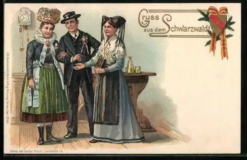 Lithographie Schwarzwald, Menschen in Schwarzwälder Tracht