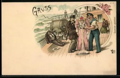 Künstler-AK Seekranke Passagiere übergeben sich, Toilettenhumor