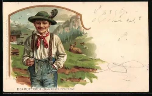 Lithographie Der Hüterbua, Junge mit einer Pfeife auf der Alm