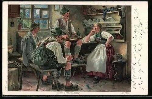 Künstler-AK Schweizer in Tracht mit Zither und Zuhörer