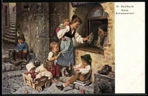 Künstler-AK Hermann Kaulbach: Beim Schuhmacher, Mutter mit Kindern am Ladenfenster