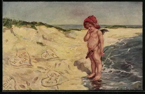 Künstler-AK K. Barth: Erreicht, Amor am Strand