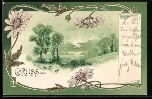 Lithographie Jugendstil, Landschaftsbild und florale Ornamente