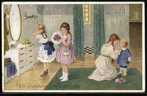 Künstler-AK Franziska Schenkel: Kinder gratulieren mit Blumen zum Geburtstag