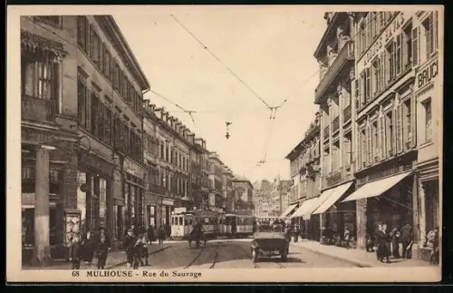 AK Mulhouse, Rue du Sauvage mit Strassenbahn