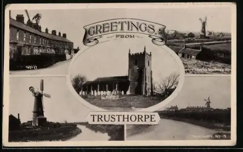 AK Trusthorpe, Ansicht von den Sand-Dünen aus, Burg, Windmühle
