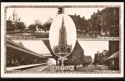 AK Grantham, St. Wulframs, G. N. R. Station, Angel and Royal Hotel, Bahnhof