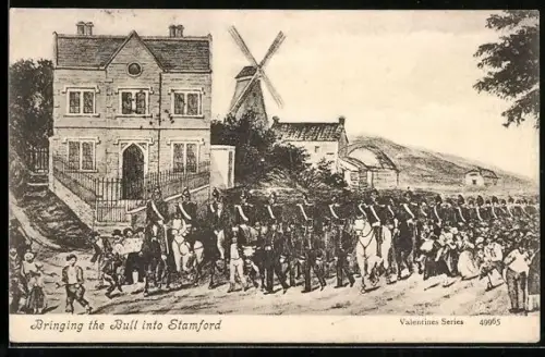 Künstler-AK Stamford, Bringing the Bull into Stamford, Windmühle