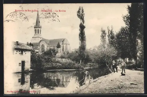 AK Beauzée, La Rivière avec l`église et des pêcheurs au bord de l`eau
