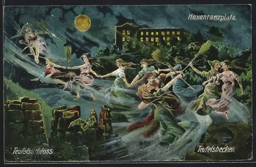 AK Thale, Hexentanzplatz, Teufelsschloss, Teufelsbocken, Walpurgisnacht-Szene