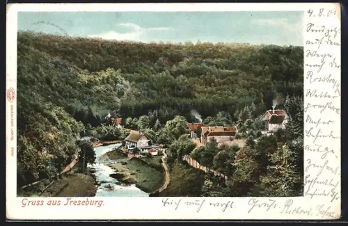 AK Treseburg i. Harz, Hotel Weisser Hirsch, Inh. J. Wudecke, Flusslandschaft, Ortsansicht