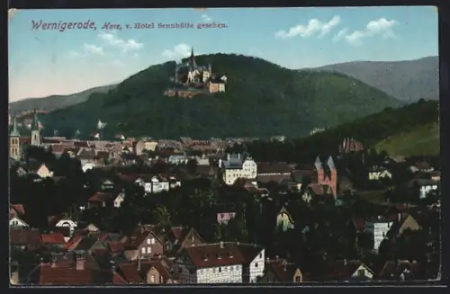 AK Wernigerode /Harz, Blick vom Hotel Sennhütte auf Schloss und Stadt