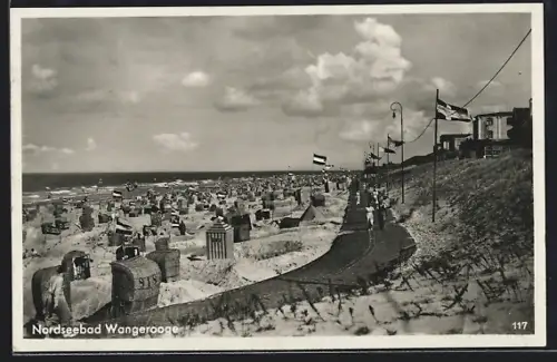 AK Wangerooge, Strand mit Strandkörben und Promenade