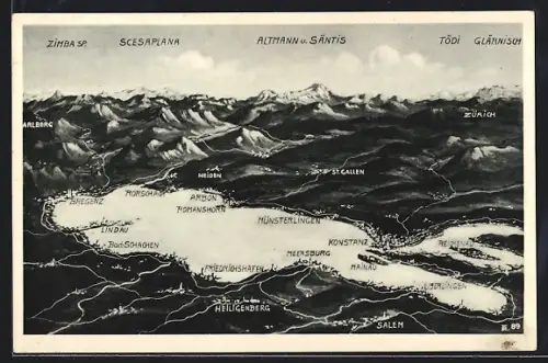 AK Lindau /Bodensee, Panorama mit Bregenz, Lindau, Konstanz und Alpen