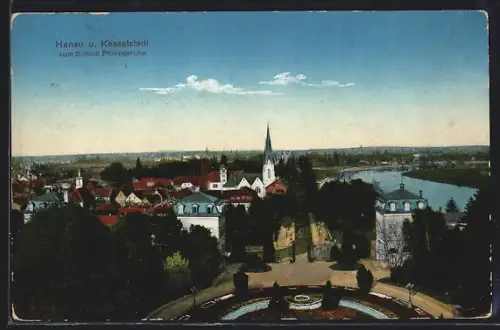AK Hanau /Kesselstadt, Blick vom Schloss Philippsruhe auf Stadt und Main