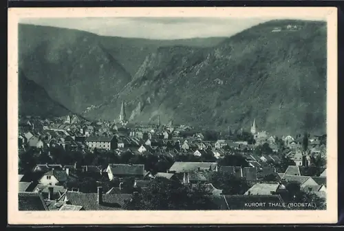 AK Thale /Bodetal, Ortsansicht mit Kirche und Bergen