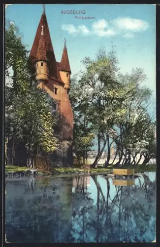 AK Augsburg, Fünfgratturm vom Wasser aus