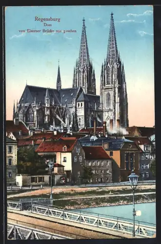 AK Regensburg, Dom von Eiserner Brücke aus gesehen