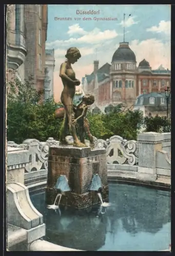 Künstler-AK Düsseldorf, Brunnen vor dem Gymnasium