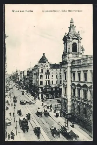 AK Berlin, Leipzigerstrasse Ecke Mauerstrasse mit Strassenbahn
