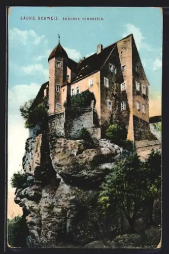 AK Hohnstein, Blick auf Schloss Hohnstein auf der Klippe