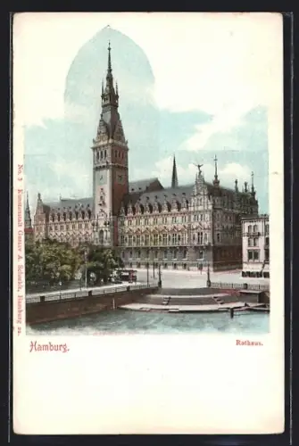 Künstler-AK Hamburg, Rathaus mit Strassenbahn