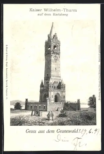 Lithographie Berlin-Grunewald, Kaiser Wilhelm-Turm auf dem Karlsberg