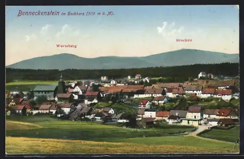 AK Benneckenstein im Hochharz, Ortsansicht mit Wurmberg und Brocken