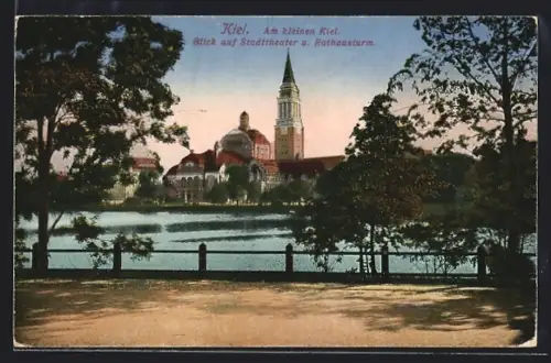 AK Kiel, Am kleinen Kiel, Stadttheater, Rathausturm