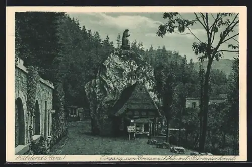AK Rübeland /Harz, Eingang zur Hermannshöhle mit Bärendenkmal