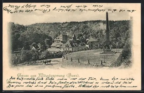 AK Mägdesprung /Harz, Ortsansicht mit Obelisk