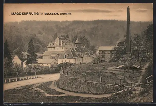 AK Mägdesprung im Selketal, Ortsansicht mit Obelisk