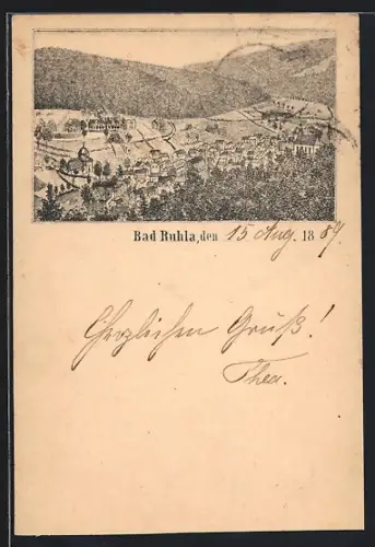 Lithographie Bad Ruhla, Ortsansicht aus der Vogelschau, datiert 1889
